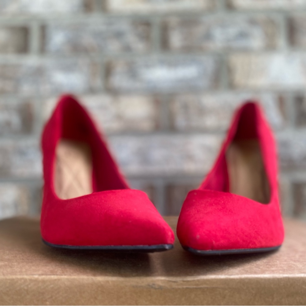 Red chunky heel suede heels